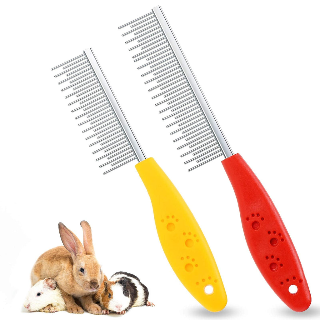 2 Pieces Pet Hair Buster Comb Small Pet Grooming Comb Stainless Steel Long and Short Teeth Comb for Small Animals Rabbits Hamsters Guinea Pigs, Red and Yellow - PawsPlanet Australia