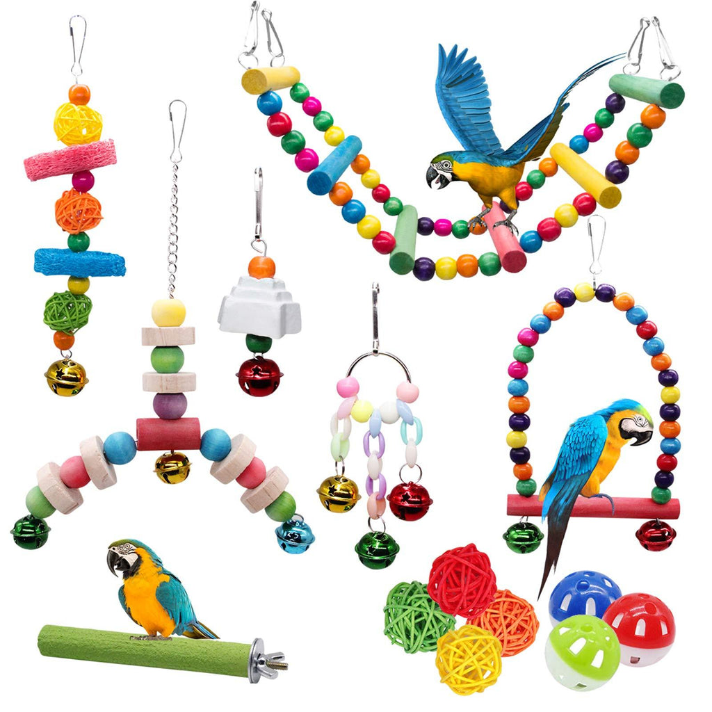 MQUPIN Bird Parrot Swing Toy 14 Pack Upgraded,Swing Chewing Hanging Toys Set Swing Climbing Ladders Sepak Takraw Bell Frosting Stick,for Little Parrots,Love Birds,Cockatiels,Finches(14 Pack) - PawsPlanet Australia