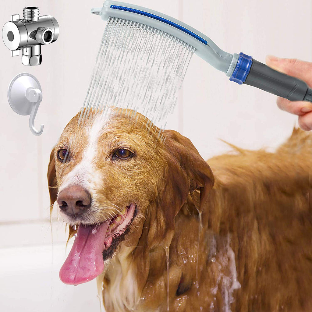 HANSPROU Dog Shower Sprayer Attachment Pet Shower Wand with Dog Brush Shower Head Flow Control for Pet Home Cleaning Bath Grey/Blue - PawsPlanet Australia