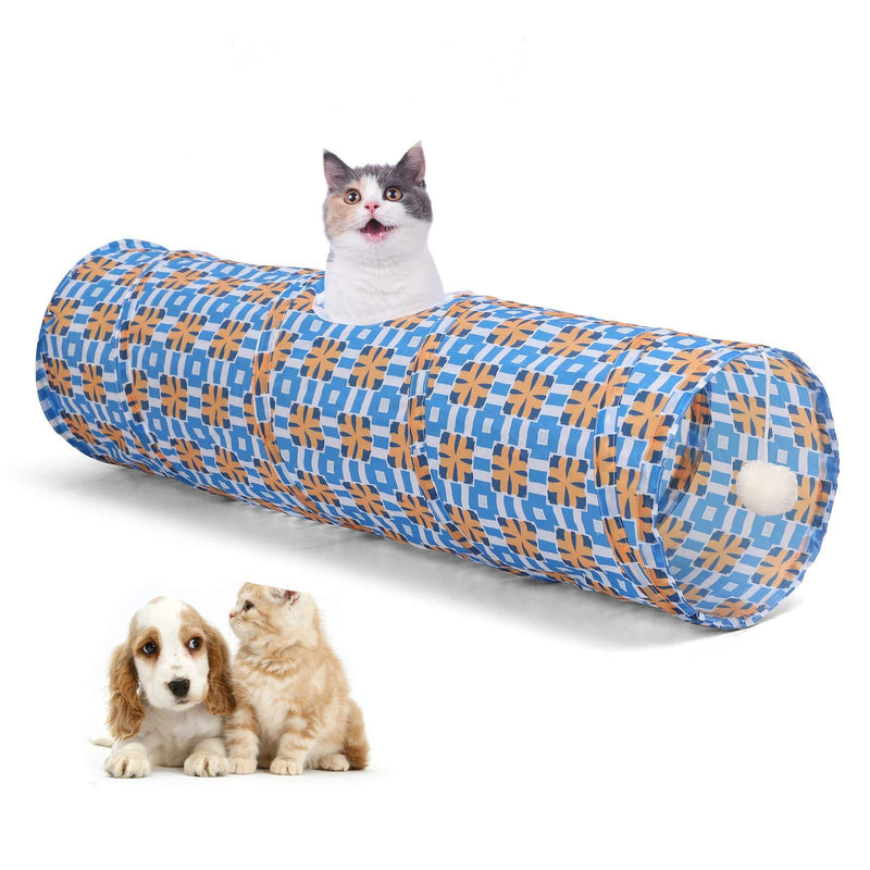 LUCKITTY Cat Kitten Tunnel Tube Toy with Plush Ball-Portable Tattaff Material Waterproof Durable Washable-Interesting Geometric Pattern Collapsible-35.4Inch/90CM Orange Blue - PawsPlanet Australia