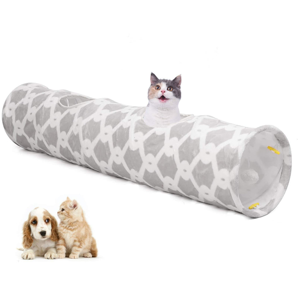 LUCKITTY Large Cat Toy Collapsible Tunnel Tube with Plush Balls, for Small Pets Bunny Rabbits, Kittens, Ferrets,Puppy and Dogs Grey-White - PawsPlanet Australia