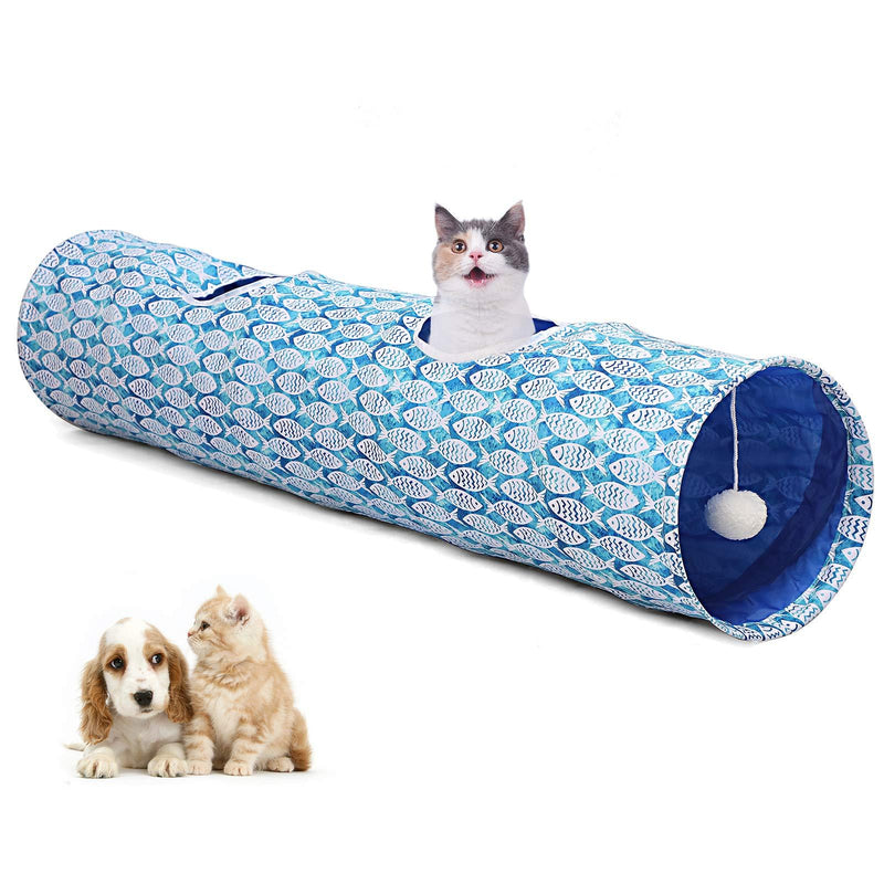 LUCKITTY Cat Kitten Tunnel Tube Toy with Plush Ball-Portable Oxford Plush Material Waterproof Durable Washable-Interesting Geometric Pattern Collapsible-47.2Inch/120CM Fish - PawsPlanet Australia
