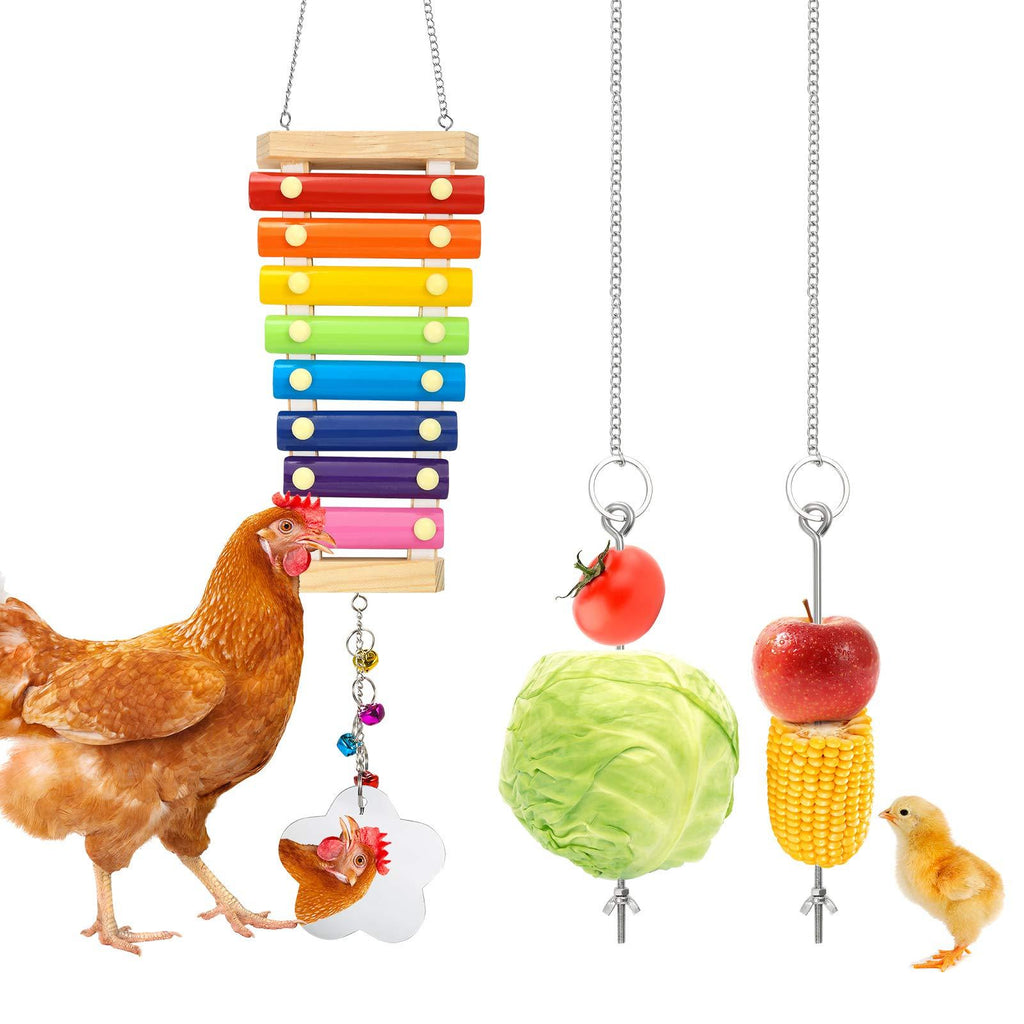 Woiworco 3 Packs Chicken Toys with 8 Metal Keys, Chicken Xylophone Toys for Hens, Chicken Mirror, Vegetable Hanging Feeder for Chicken - PawsPlanet Australia
