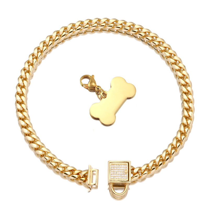 Jewelry Kingdom 1 Dog Chain Collar with Tag and Ice-Out Cubic Zirconia Stones Secure Buckle 18K Metal Stainles Steel Cuban Link Chain 6MM Walking Training Collar 10in to 20in for Dog Puppy Cats Kitty 10" (Fits cat Neck 8" to 9.5") - PawsPlanet Australia