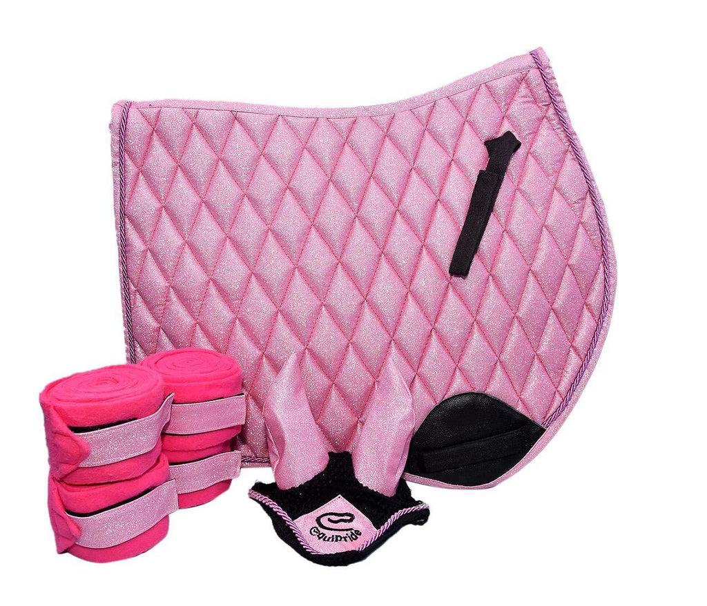 Equipride GP SADDLE PAD SHIMMER WITH MATCHING FLY VEIL & BANDAGES SPARKLE GLITTER FABRIC ROSE PINK (Full) Full - PawsPlanet Australia