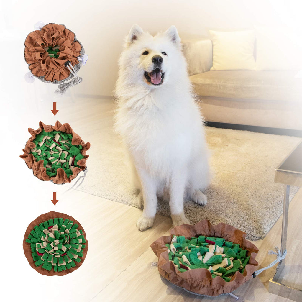 FAT CHAI & MARK Snuffle Mat for Dogs, Enrichment Toys for Smart Dogs, Interactive Food Puzzle Mental Stimulation Toys to Keep Dogs Busy, Adjustable Pet Snuffle Bowl Mat for Slow Feeding Green-Brown - PawsPlanet Australia