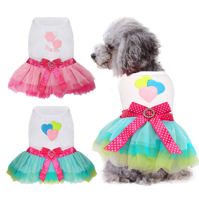 HYLYUN Small Dog Dress 2 Packs - Cute Tutu Princess Dress Heart & Lip Printed Puppy Dresses for Girl Small Dogs S(3-5 lbs) - PawsPlanet Australia