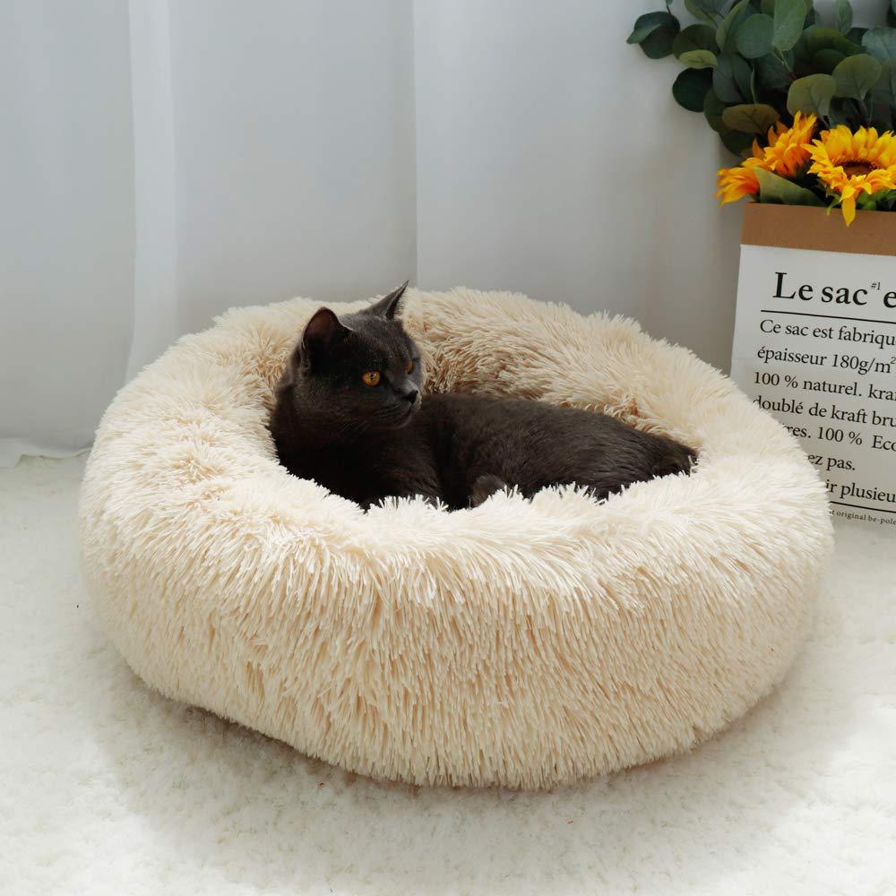OYANTEN Cat Beds and Small Dog Bed, Round Calming Donut Pet Beds for Indoor Cats or Small Dogs, Soft Fluffy Warm and Cozy for Improved Sleep, Machine Washable & Waterproof Bottom 19.6in Champagne - PawsPlanet Australia