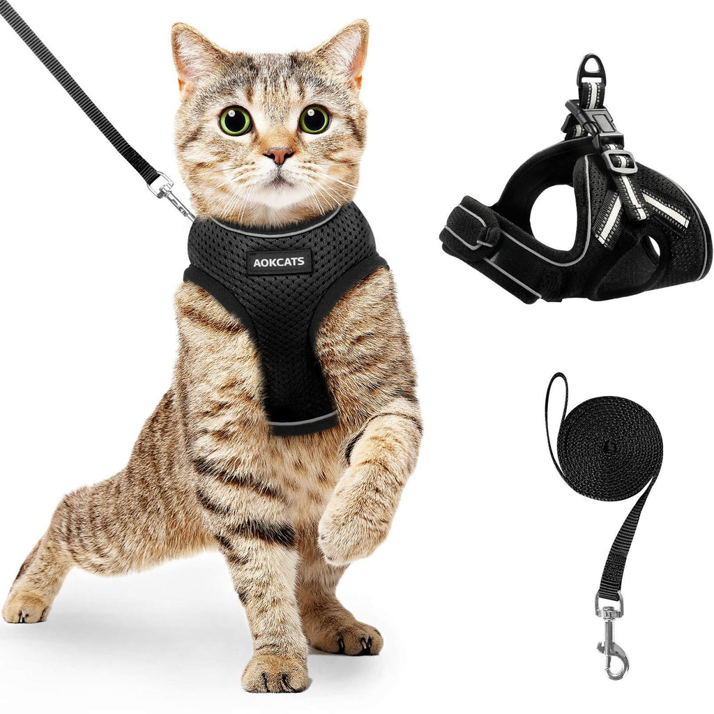 AOKCATS Cat Harness and Leash Set for Walking Escape Proof, Soft Adjustable Kitten Harness with Reflective Strips, Step-in Vest Harness for Small Cats Comfort Fit Cat Leash and Harness Set, Black, S Small (Chest: 11" - 14") - PawsPlanet Australia