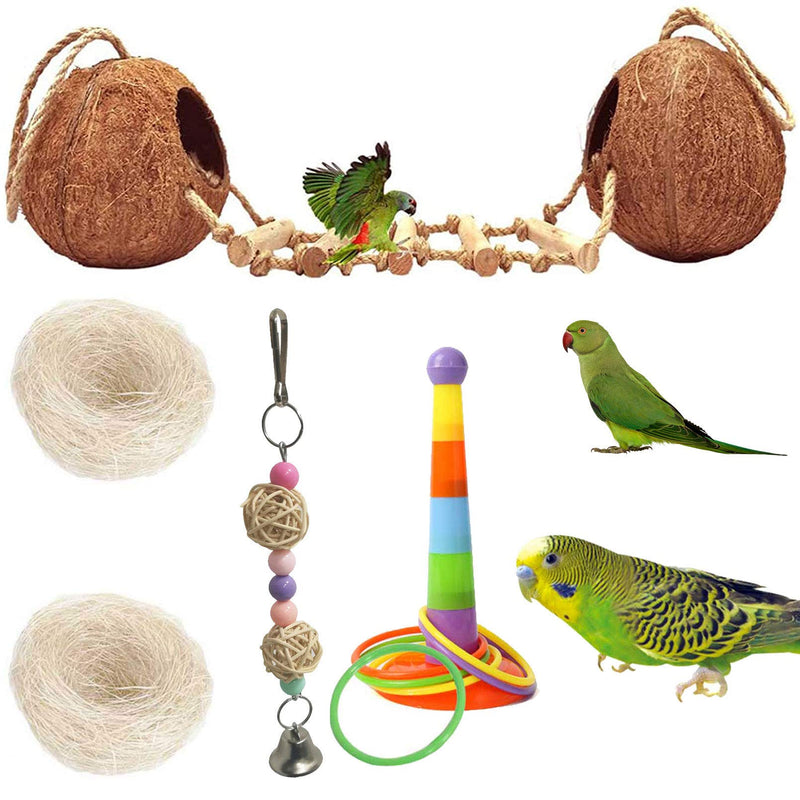 kathson Bird Hides Coconut Nest with Ladder Perches Hanging Parrot House Cage Natural Coconut Fiber Parakeet Chewing Toys Intelligence Training Rings for Small Budgies Cockatiels 5PCS - PawsPlanet Australia