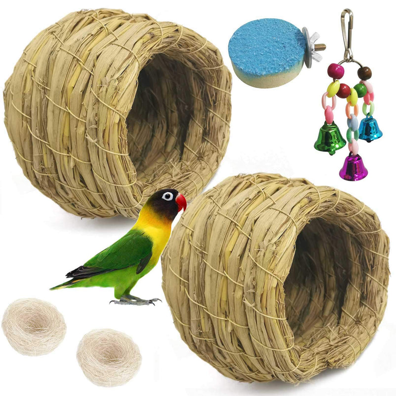 kathson Straw Bird Nest Natural Fiber Birdcage Birdhouse Parrot Hideaway Shelter Hut Parakeet Perch Hanging Bell Toys for Small Finch Canary Lovebird Resting Breeding Playing 6PCS - PawsPlanet Australia