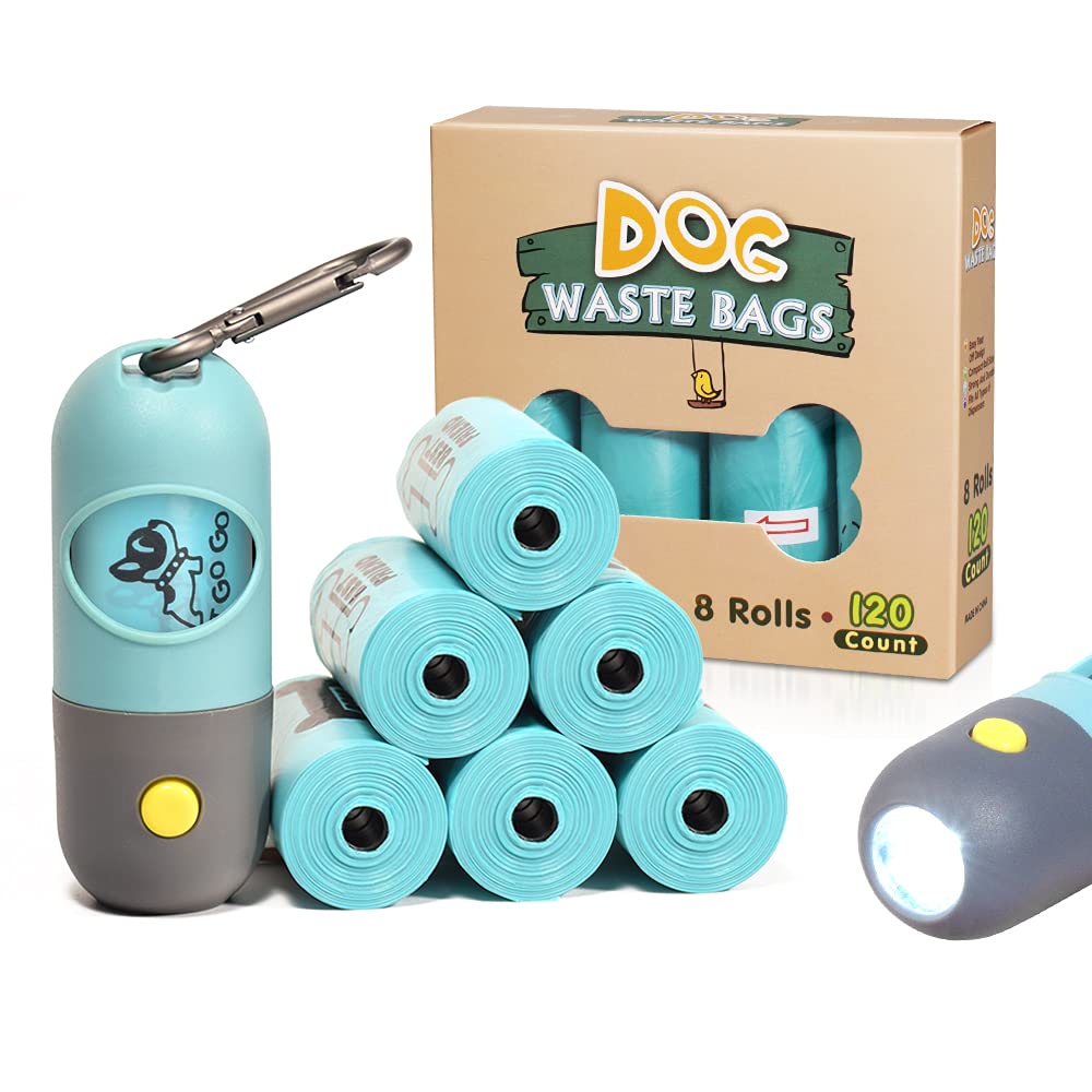Potaroma Dog Poop Bags, LED Flashlight Poop Bag Dispenser, 8 Rolls of Leak-Proof Doggie Bags for Poop, Holder with Leash Hook and 3 Extra LR44 Batteries, EPI Additive - PawsPlanet Australia
