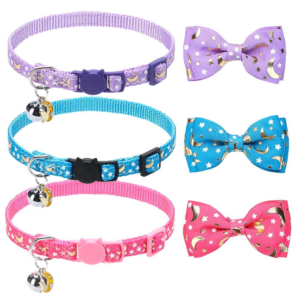 BINGPET Breakaway Cat Collar with Bell 3 Pack, Adjustable Luminous Kitten Collar with Star & Moon Patterns, Removable Bow Tie, Glow in The Dark Purple - PawsPlanet Australia