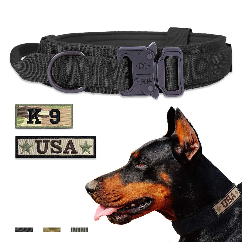 Tactical Dog Collar for Medium and Large Dogs，Adjustable Military Training Collar with Handle and Heavy Metal Buckle, Nylon K9 Collar M Size-Adjustable（14-18.5") BLACK - PawsPlanet Australia