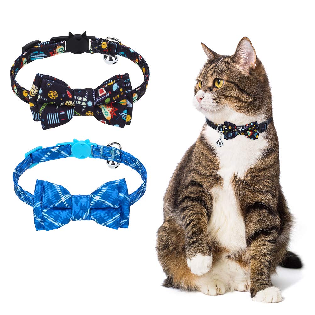 EXPAWLORER Breakaway Cat Collar with Bow tie and Bell, 2 Pack Cute Kitten Safety Collars with Plaid Dinosaur Universe Pattern Black - PawsPlanet Australia