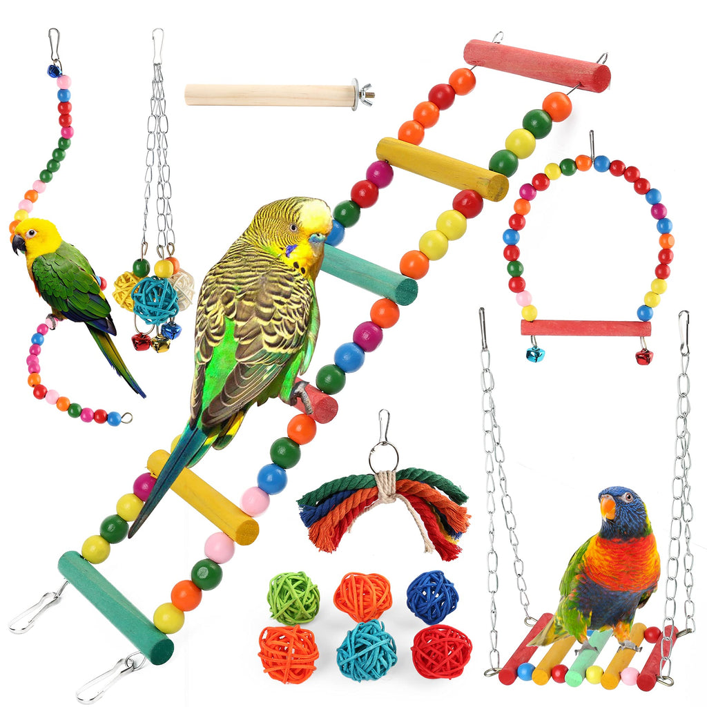 13 PCS Bird Parrot Toys, Bird Cage Swing Toys, Colorful Hanging Bell Chewing Climbing Ladder Toys for Parakeet, Conure, Cockatiel, Finches, Love Birds - PawsPlanet Australia