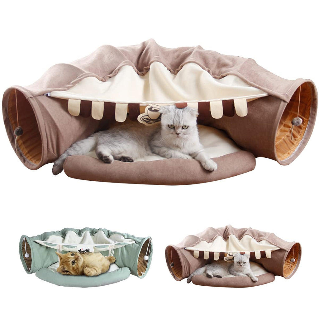 LEFTSTARER 2-in-1 Collapsible Cat Tunnels for Indoor Cats Beds and Hideout for Pets Dogs Rabbits Home Soft Tunnel Tubes Toys with Removable Washable Mat Brown - PawsPlanet Australia