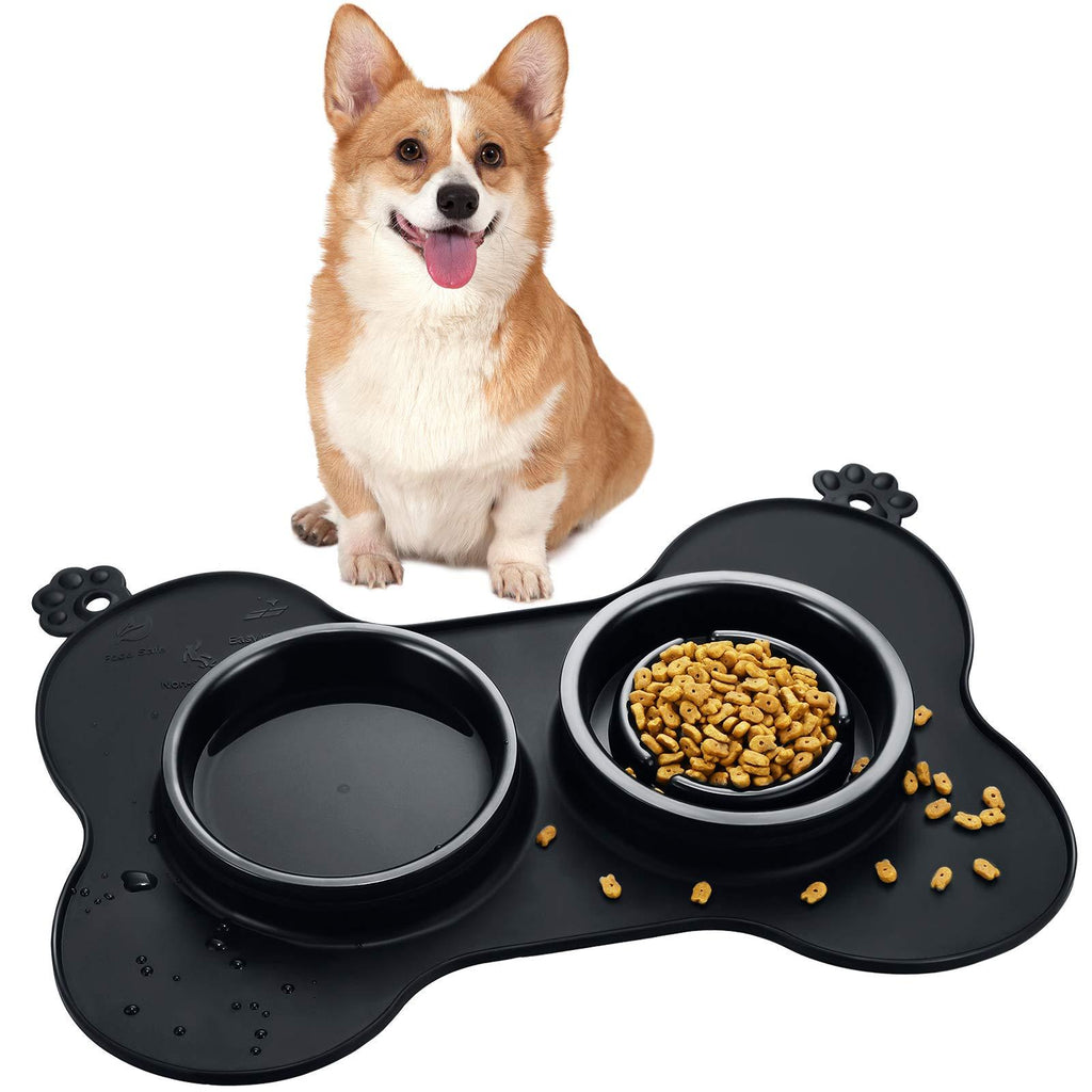 Double Pet Dog Slow Feeder Bowl Bloat Stop Pet Bowl Anti-Choking Puppy Food and Water Feeder with Non-Skid Silicone Mat Plastic Water Bowl for Dogs Cats Pets (Black) Small Black - PawsPlanet Australia