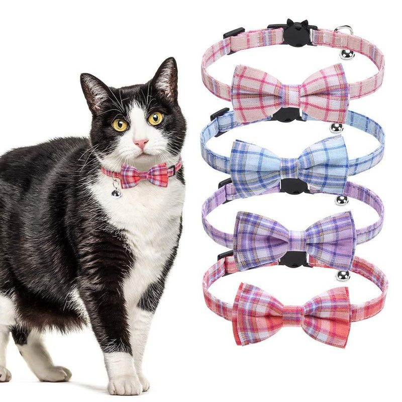 EXPAWLORER Cat Collar Breakaway with Bell - 4 Pack Classic Plaid Bow Tie Collars for Kitty Kitten… Pink & Blue & Purple & Red - PawsPlanet Australia