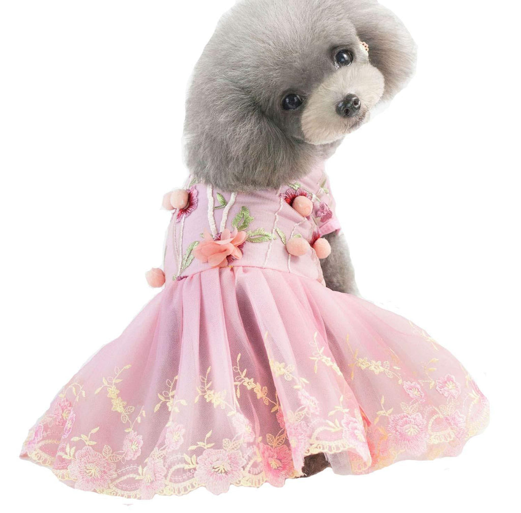 QingLuo Pet Dog Mesh Harness Dress Embroidery Plum Blossom Puppy Princess Tutu Skirt (Small, Hairball Pink) Small - PawsPlanet Australia