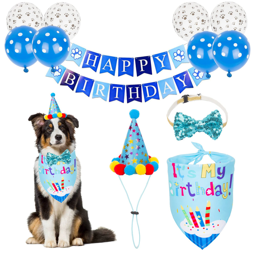 PTDECOR Dog Birthday Bandana Hat Set, Birthday Girl Dog Hat Scarf Bow tie Happy Birthday Banner Balloon Dog First Birthday Party Supplies Decorations Blue - PawsPlanet Australia