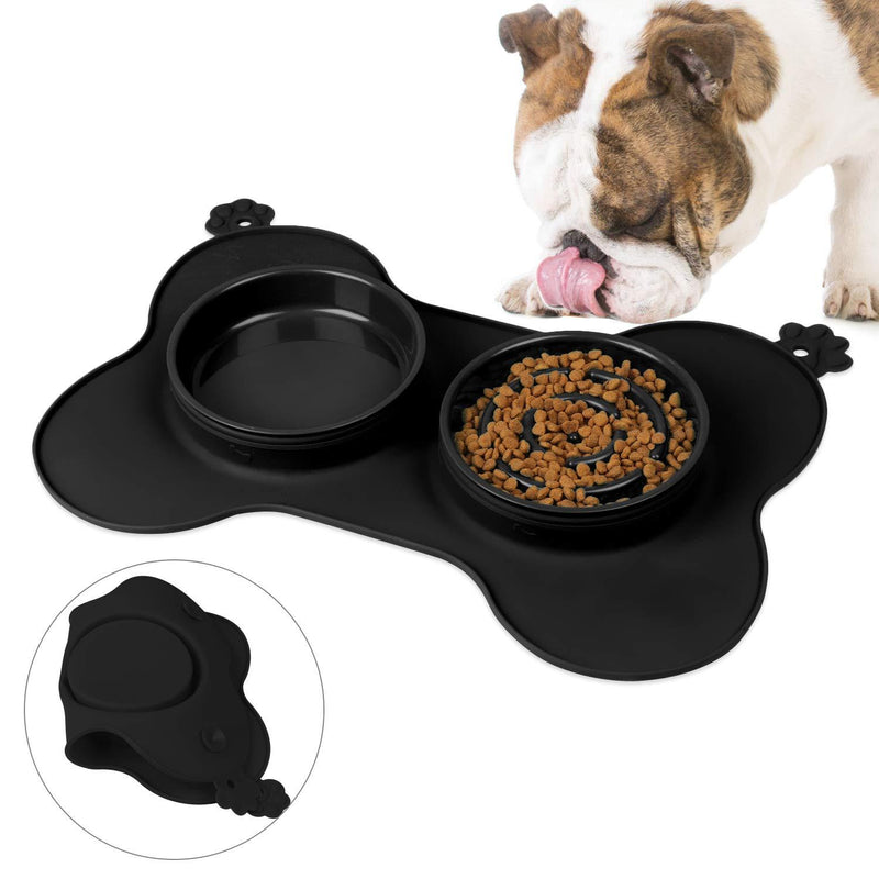 gootrades Foldable 2 Cups Slow Feeder Dog Bowl 3 in 1 ,to Slow Down Eating for Large Small Dogs, with No-Spill Non-Skid Silicone Mat Stainless Steel Water Bowl (Black) Black - PawsPlanet Australia