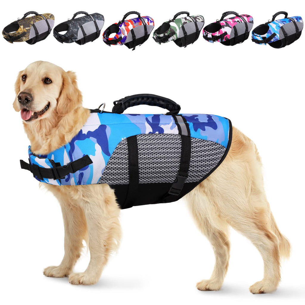 KOESON Dog Life Jacket Ripstop Pet Safety Life Vest, Adjustable Dogs Lifesaver Vest with Enhanced Buoyancy and Rescue Handle, Camouflage Swimsuit Preserver for Small Medium and Large Dogs X-Small Blue - PawsPlanet Australia