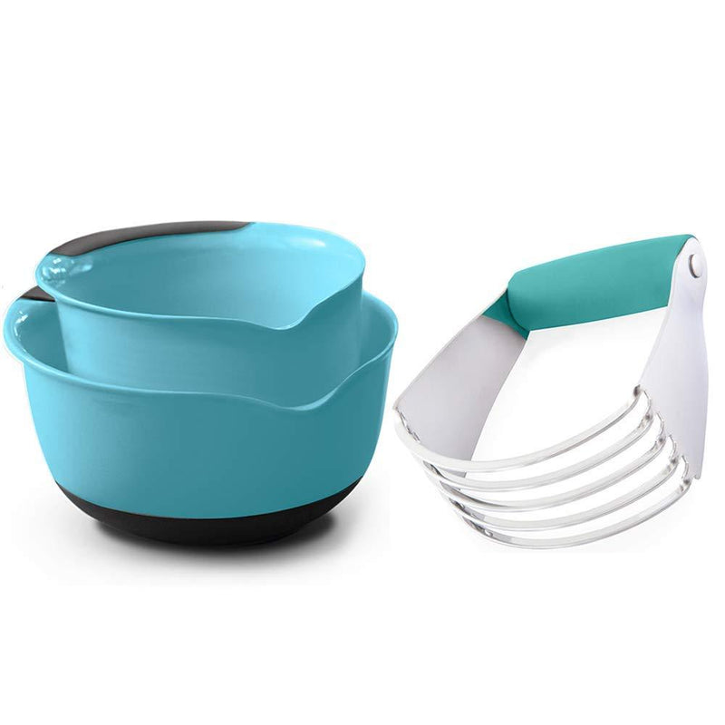 Gorilla Grip Mixing Bowl Set of 2 and Pastry Dough Blender, Both in Turquoise Color, Mixing Bowls Include 5 Quart and 3 Quart Sizes, Stainless Steel Pastry Blender, 2 Item Bundle - PawsPlanet Australia