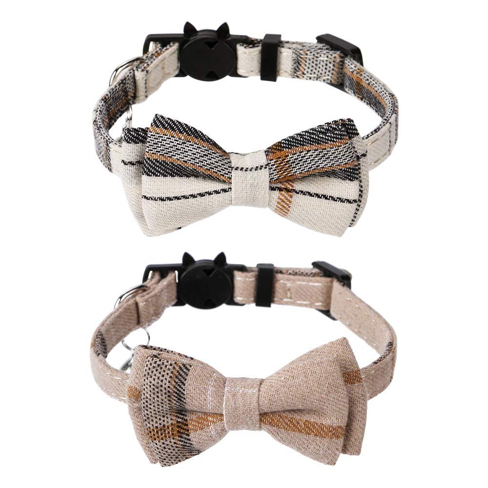 Faleela 2 Packs Cat Collar Bells Set, Cat Collar Breakaway with Cute Bow Tie and Bell, Adjustable from 7.5-10.8 Inch, Soft and Comfortable for Kitty and Some Puppies (Beige + Brown) Beige + Brown - PawsPlanet Australia