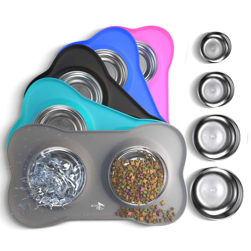 Active Pets Dog Bowl Set, Stainless Steel No Spill Mess-Proof Food & Water Dog Food Bowls with Skid Resistant Silicone Mat, Dog Bowls Small Size Dog, Medium, & Large, Pet Puppy Bowls & Dog Dishes 13½ oz each Cool Grey - PawsPlanet Australia