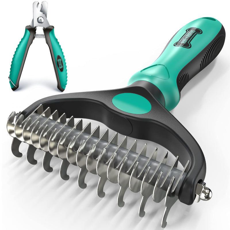 Ruff 'n Ruffus Double Sided Professional Grade Undercoat Pet Rake Brush | Gently Removes Loose Undercoat, Mats & Tangled Hair | Reduces Shedding by 95% | Great for Dogs & Cats | + Free Nail Clipper - PawsPlanet Australia