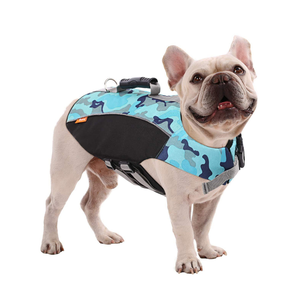 SAWMONG Camo Dog Life Jacket, Pet Flotation Life Vest for Medium Large Dogs, Dog Safety Vest Lifesaver with Reflective Trims for Swimming (Blue, M) Blue - PawsPlanet Australia