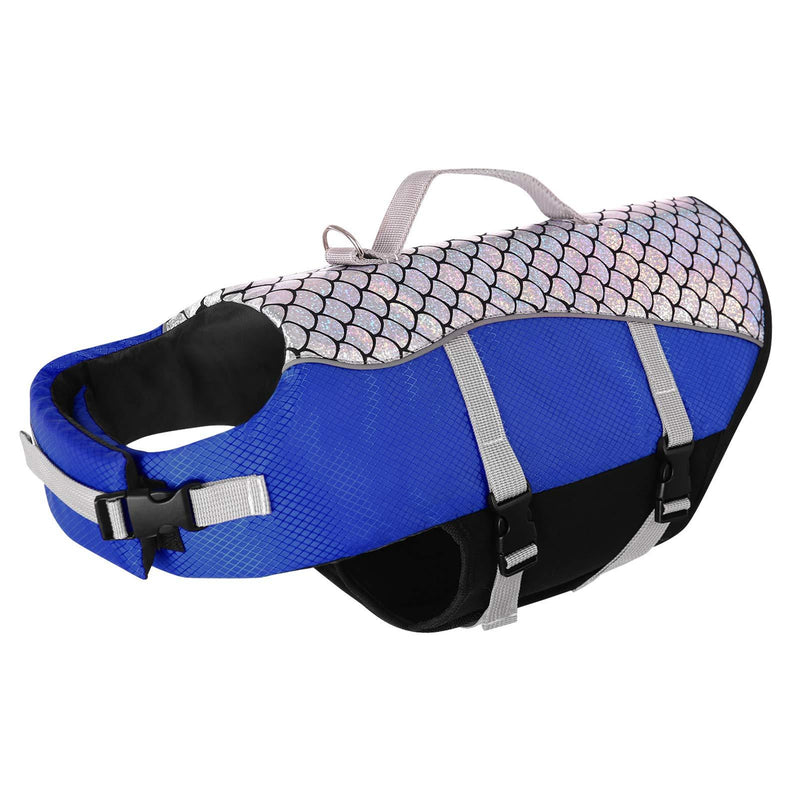 Queenmore Dog Life Jacket High Floatation Pet Life Vest Refelective Cute Fish Scale for Swimming, Boating, Canoeing for Small Medium Dogs X-Small Blue - PawsPlanet Australia