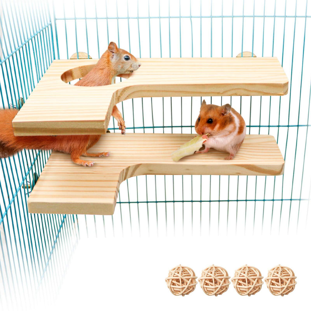 2 Pieces Hamster Wooden Platform Set, L-Shaped Pedal Wooden Platform & L-shaped Round Hole Wooden Platform with 8 Piece Sepak Takraw Chew Toys, Gerbil Chinchilla Guinea Pigs Parrot Stand Perch H01 - PawsPlanet Australia