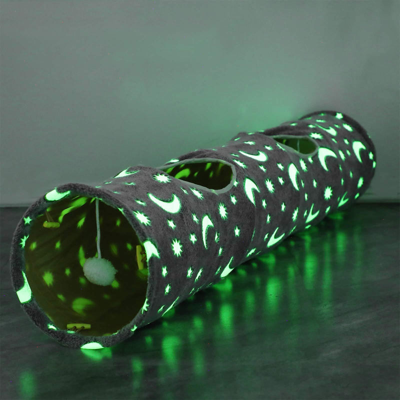LUCKITTY Cat Tunnel Tube with Plush Ball Toys Collapsible Self-Luminous Photoluminescence, for Small Pets Bunny Rabbits, Kittens, Ferrets,Puppy and Dogs Grey Moon Star 47.2Inch - PawsPlanet Australia