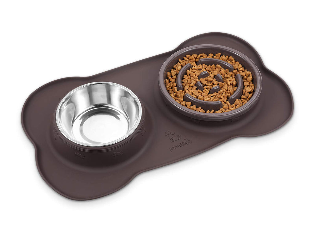 Pecute Dog Bowl Slow Feeder Bloat Stop Pet Bowl Eco-Friendly Non-Toxic No Choking Healthy Design Bowl with No-Spill Non-Skid Silicone Mat Stainless Steel Water Bowl for Dogs Cats and Pets M-13.5oz/bowl Brown Bowl - PawsPlanet Australia