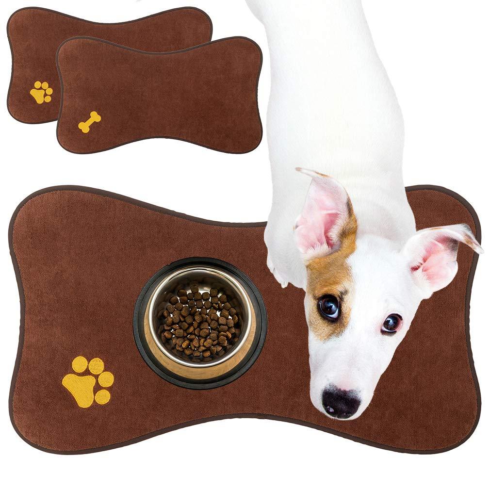 PUPTECK Non-Slip Dog Food Mat for Floors, 2 Pack Waterproof Pet Feeding Mat for Dog Bowls with High Water Absorption, Cute Brown Bone Shape for Small Medium Dogs Cats - PawsPlanet Australia