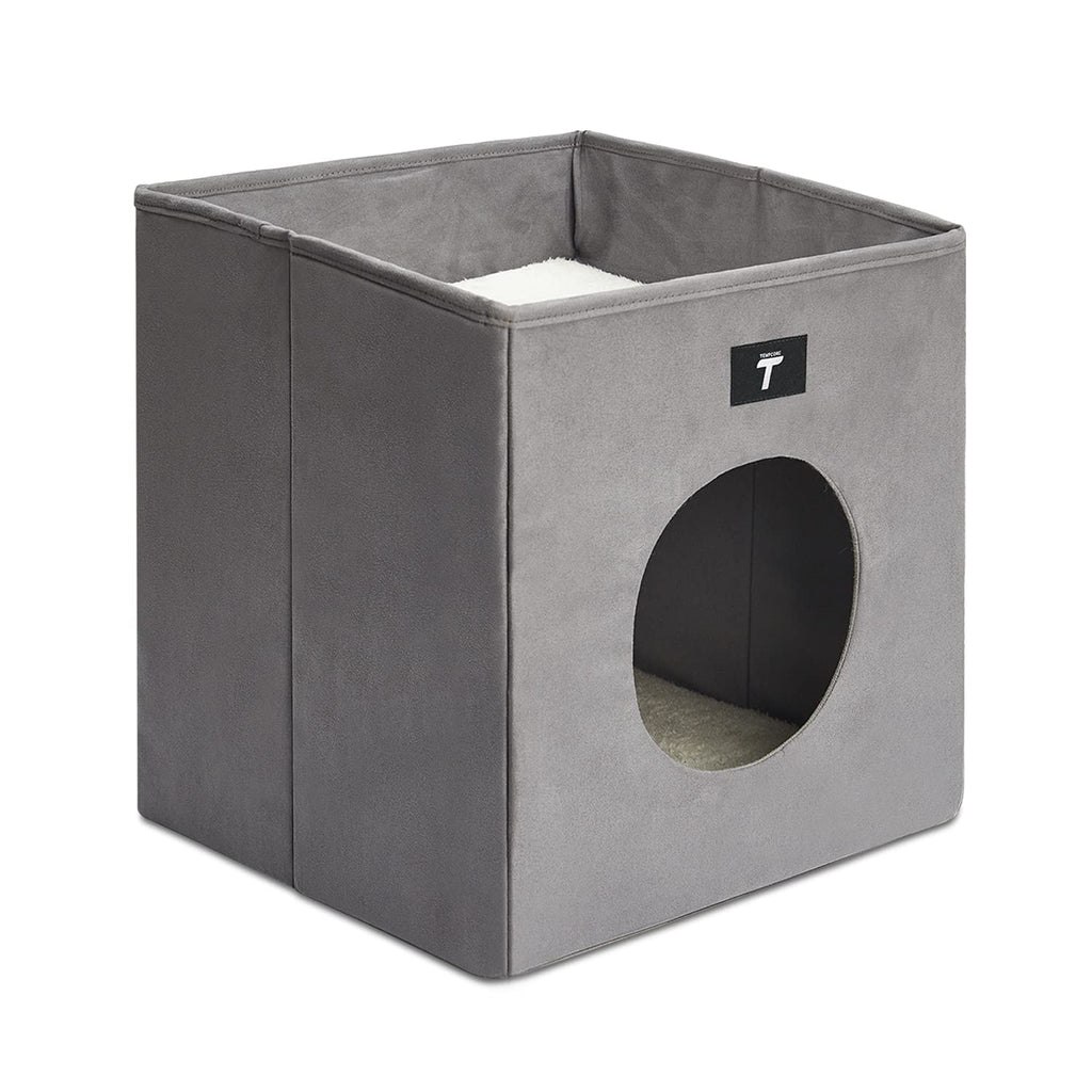 Tempcore Cat Bed for Indoor Cats, Foldable Cat Cube, Indoor Cat House with Lying Surface and 2 Reversible Cushions, Grey Large - PawsPlanet Australia