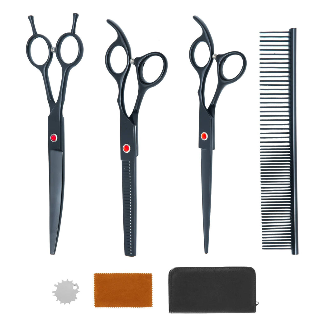 Walspir Dog Grooming Scissors, 7.0in Titanium Professional Grooming Scissors For Dogs, Straight & Thinning & Curved Scissors 4pcs Set Dog Scissors For Grooming, Black - PawsPlanet Australia