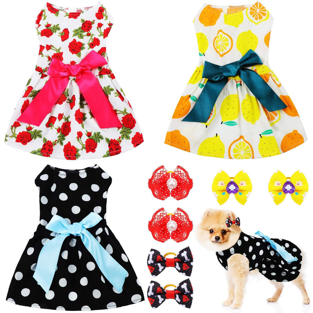 3 Pieces Dog Dress Cute Pet Clothing and 6 Pieces Dog Hair Bow with Elegant Ribbon Pet Apparel for Puppy Dogs and Cats on Wedding Holiday New Year Spring Summer (Rose, Lemon, White Polka Dot, S) Rose, Lemon, White Polka Dot Small - PawsPlanet Australia