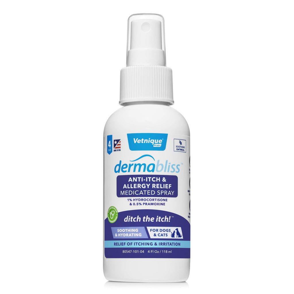 VETNIQUE LABS Dermabliss Anti-Itch & Allergy Relief Spray for Dogs & Cats with Hydrocortisone for Skin Care & Hot Spots - Fragrance Free, Ditch The Itch 4oz Spray Bottle - PawsPlanet Australia