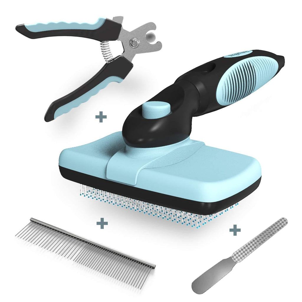 Dog Cat Hair Clipper Brush Set, Dohaooe 4 Pcs Shedding Hair Remover Grooming Retract Massage Pet Slicker Brush + Free Comb, Nail Clipper, Trimmer Kit for Undercoat Tangled Hair - PawsPlanet Australia