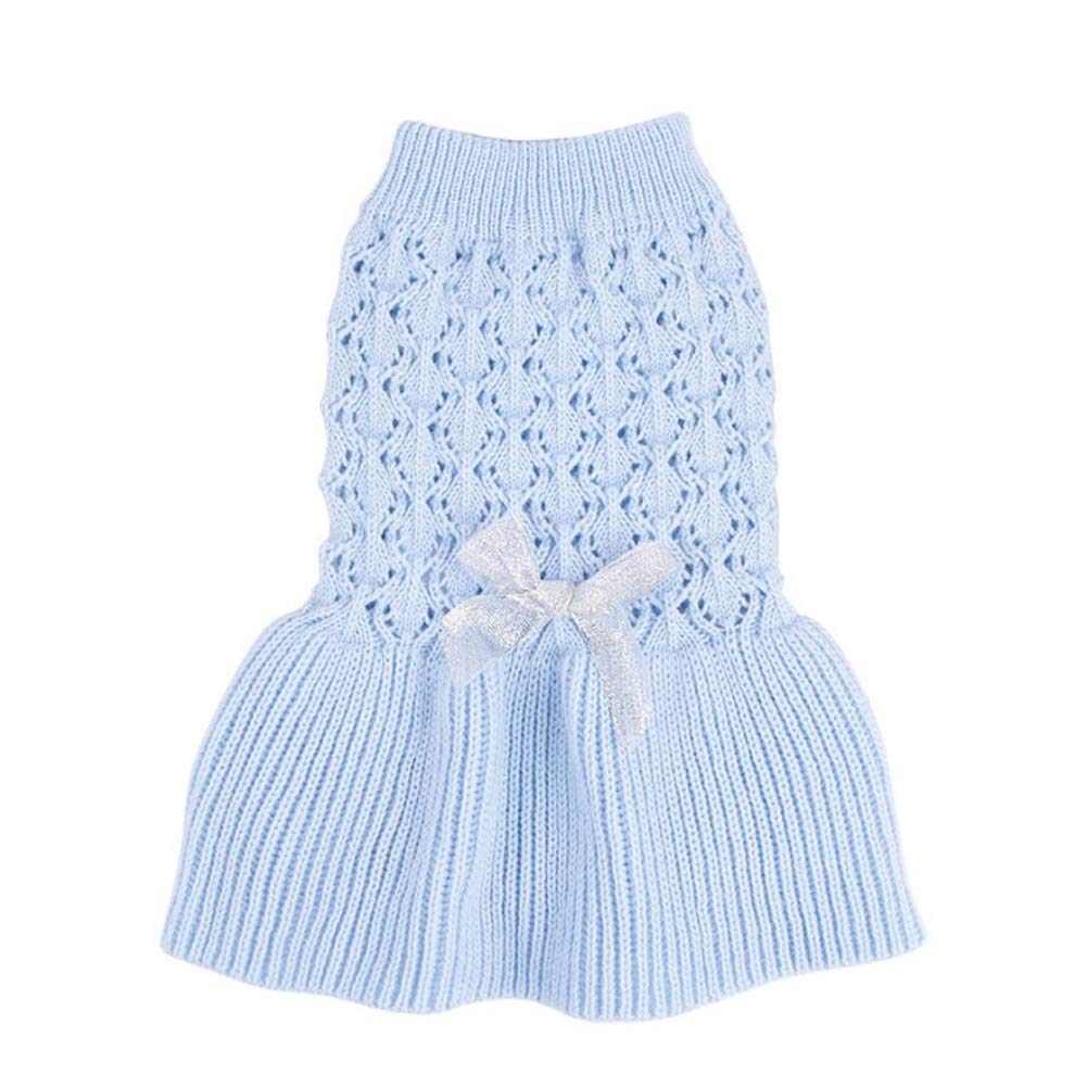 DELIFUR Dog Knit Dress Cute Warm Sweater Pet Winter Clothes The Princess Skirt for Small Dogs and Cats Yellow Blue (XX-Small, Blue) XX-Small - PawsPlanet Australia