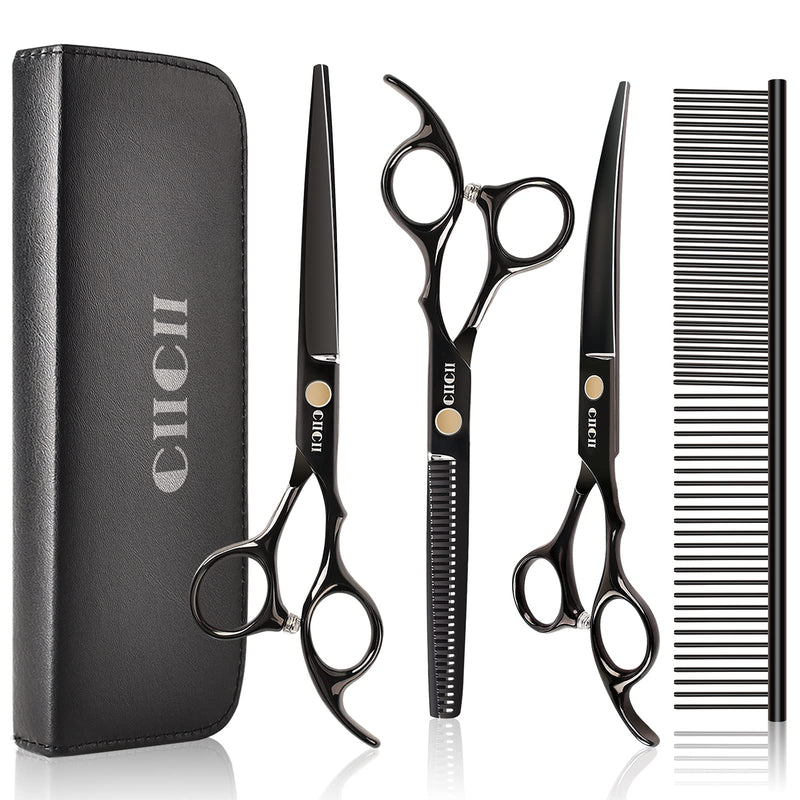 Dog Grooming Scissors Kit, CIICII 7 (6.5) Inch Professional Pet Grooming Scissors Set (Dog/Cat Hair Thinning Trimming Cutting Shears) with Curved Scissors for DIY Home Salon (Heavy Duty/Safety-9Pcs) 7 Inch Black Dog Grooming Scissors - PawsPlanet Australia