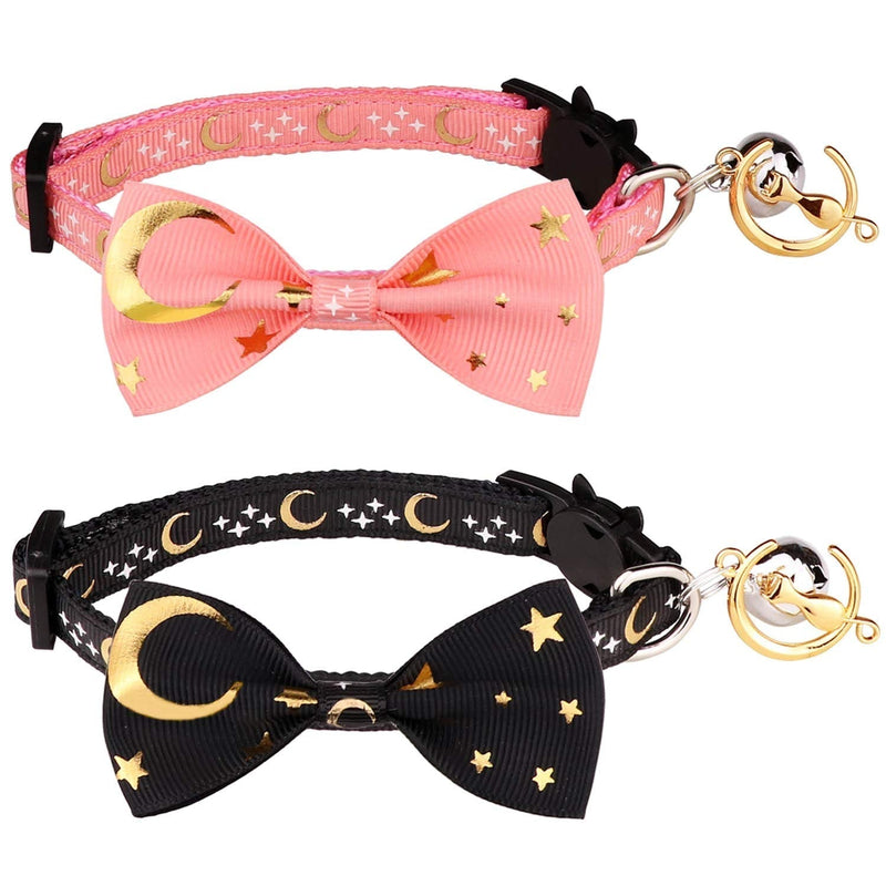 2 PCS Breakaway Cat Collar with Bow Tie and Bell Golden Moon Glowing Star in The Dark for Kitten Black & Pink - PawsPlanet Australia