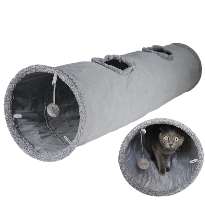 Terunat Cat Tunnel for Indoor Cats, 51×12 inch Foldable Big Cat Tunnel, Grey Suede Pet Tunnels with Two Peepholes and a Bubble Ball - PawsPlanet Australia