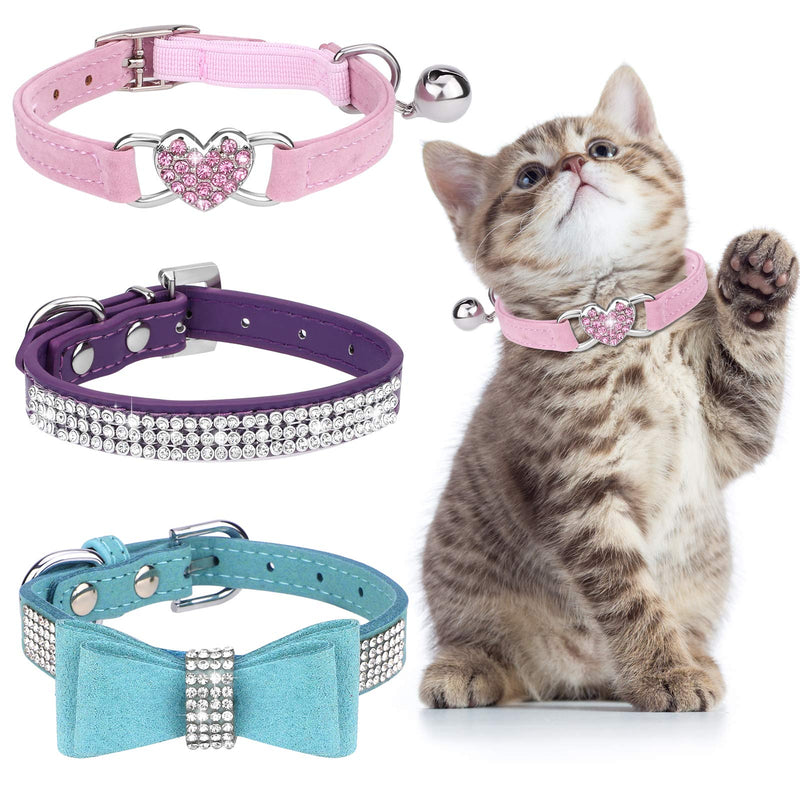 Ruisita 3 Pieces Rhinestones Cat Collars Bling Heart Bling Pet Collars Breakaway Cat Collar Crystal Pet Collars with Bow Tie Adjustable Safe Buckle Collar for Cats and Small Dogs Blue, Purple, Pink - PawsPlanet Australia