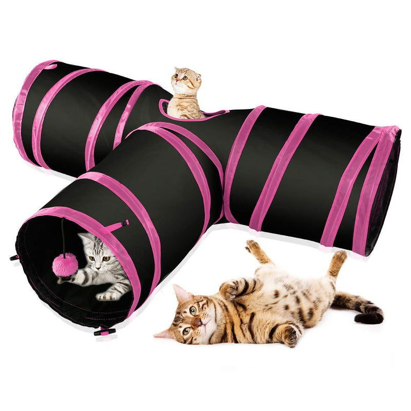 Gelma Cat Tunnel, Cat Tunnels for Indoor Cats, Tube Cat Toys 3 Way Collapsible, Kitty Tunnel Bored Cat Pet Toys Peek Hole Toy Ball Cat, Puppy Black & Pink - T Style Tunnel - PawsPlanet Australia