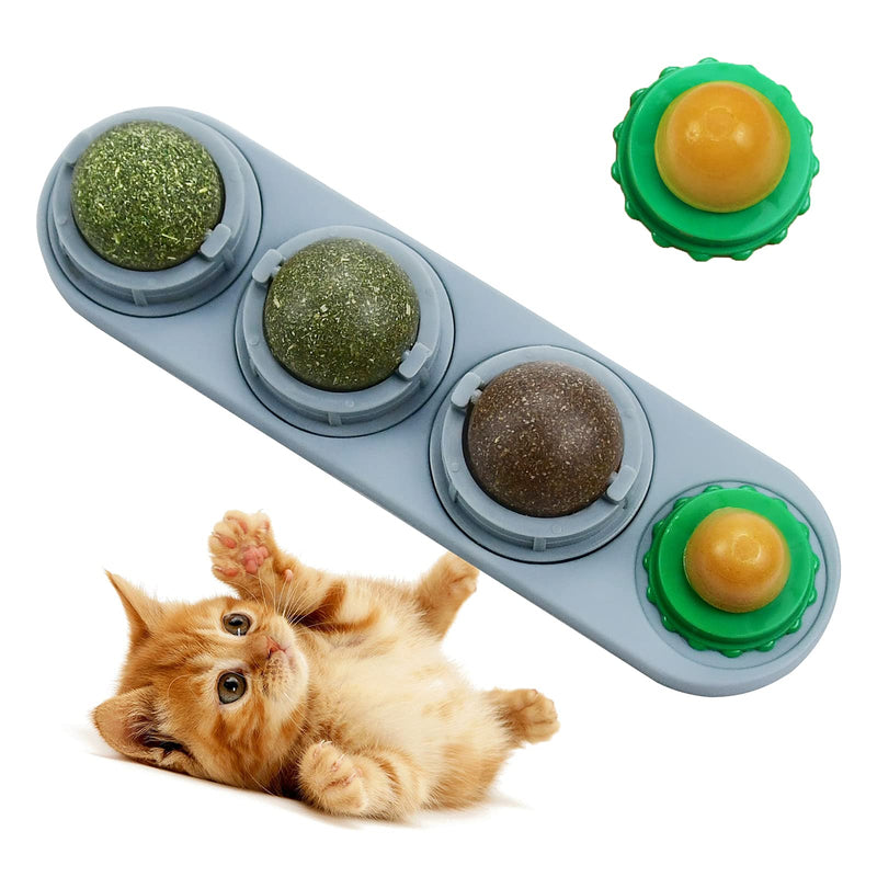LMUGOOS Catnip Ball with 2 Candies,Natural Healthy Rotatable Cat Treat Toys Remove Hair Inside of Cats,Cat Lick Ball Toys Stick to Wall Cleaning Teeth for Kitten Grey - PawsPlanet Australia