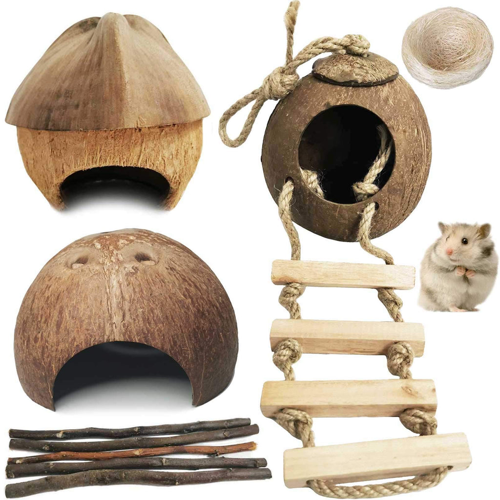 kathson Natural Coconut Hut Hamster Hiding House Pet Cave Small Animal Cage Habitat Decor Hanging Guinea Pig Toys with Ladder for Gerbils Rats Mice Playing Breeding 9PCS - PawsPlanet Australia